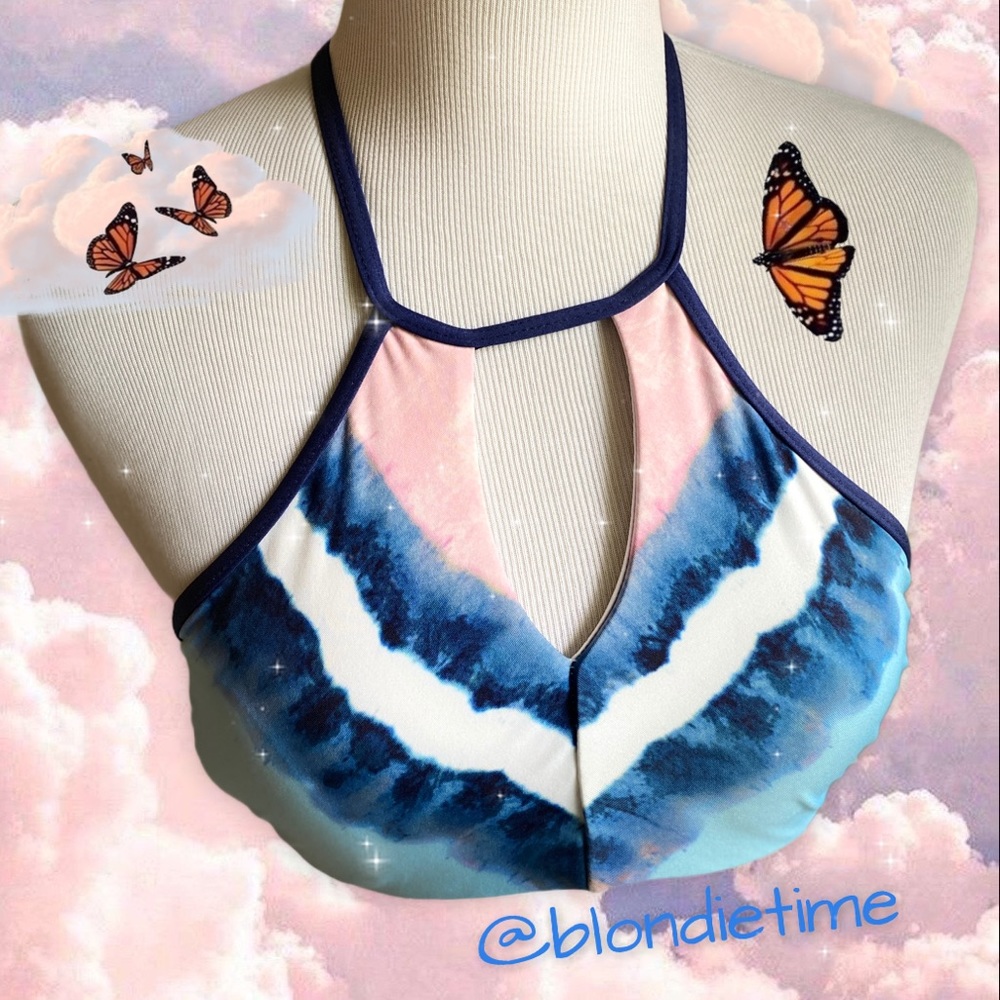 Splendid Bikini Top Tie Dye Stripe High Neck Swimsuit Beach Sports Fitness SM